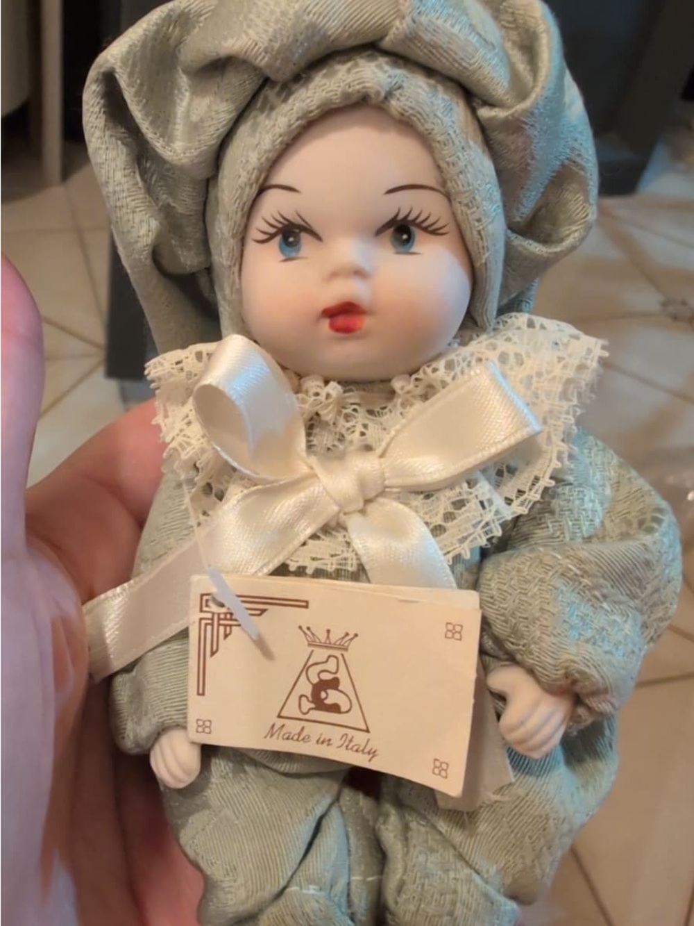 Vintage Porcelain Doll Made in Italy Sage Green Lace Outfit with Original Tag